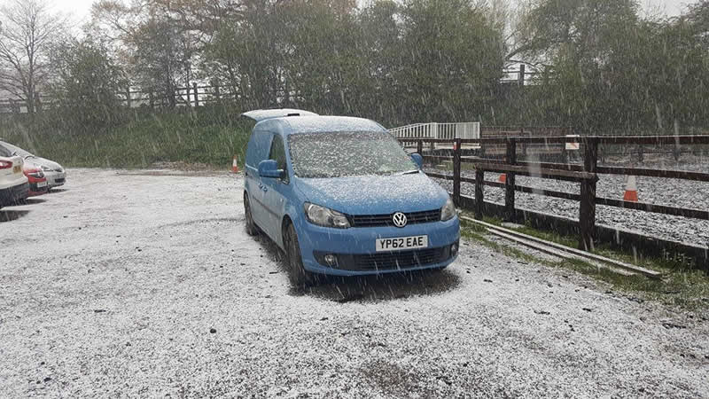 Snow at Equine Veterinary Centre showing snow on the ambulance